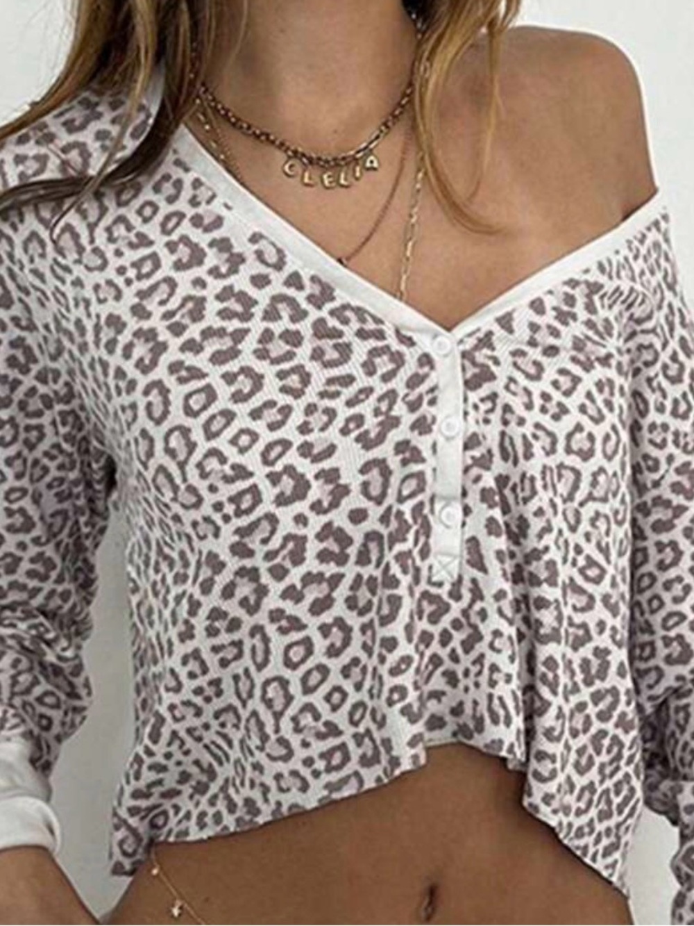 Leopard Print V Neck Button Henley Crop Top Small Y2K Soft Girl NWOT